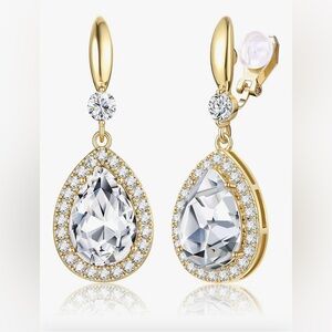 NEW Elegant Clip on Earrings Sparkling Teardrop Dangle Clip Wedding Prom